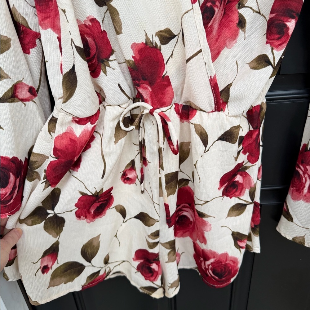 Floral Wrap Romper with Red Roses - Picture 2 of 3
